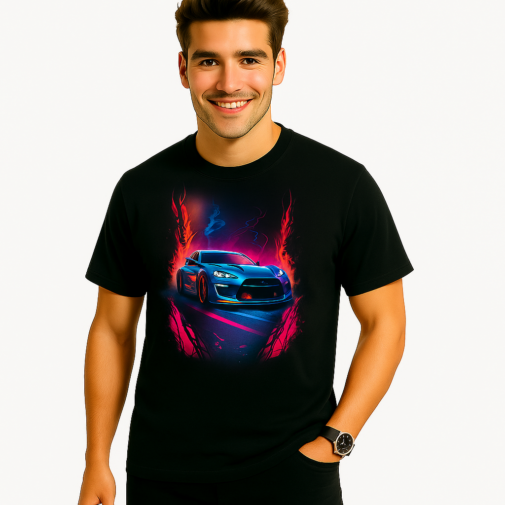 Blazing Speed Sports Car T-Shirt - Neon Flame Racing Graphic Tee