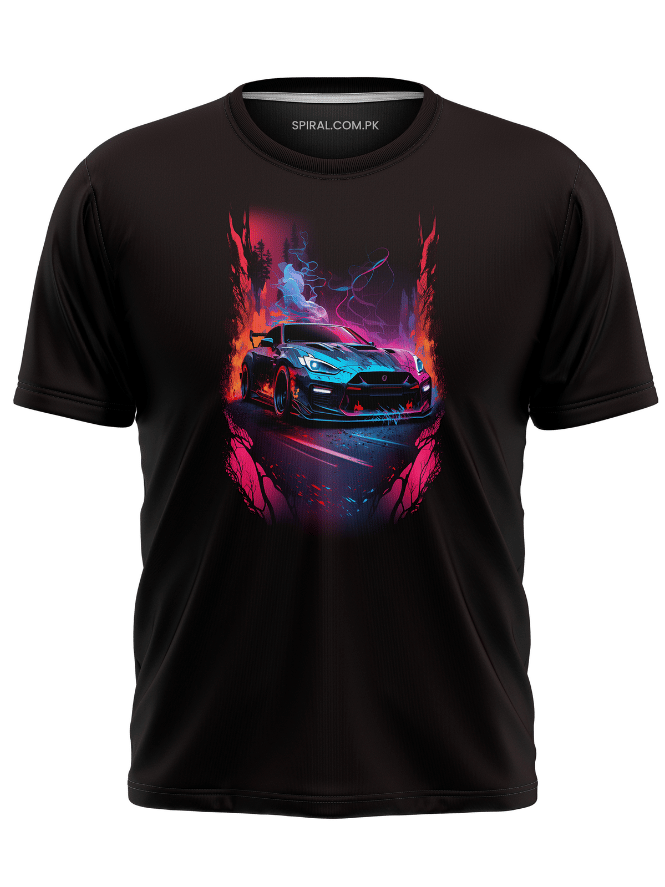 Blazing Speed Sports Car T-Shirt - Neon Flame Racing Graphic Tee