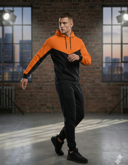 Orange Black Panel V Shaped Hoodie