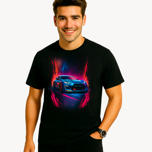 Blazing Speed Sports Car T-Shirt - Neon Flame Racing Graphic Tee