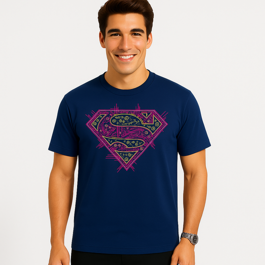Superman Neon Tech Logo T-Shirt - Navy Blue