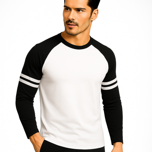 White Full Sleeve Raglon with black arms with Strips