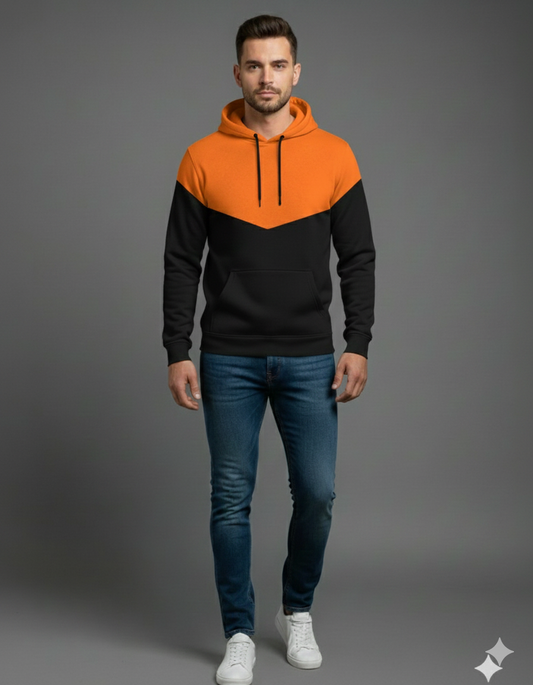 Orange Black Panel V Shaped Hoodie