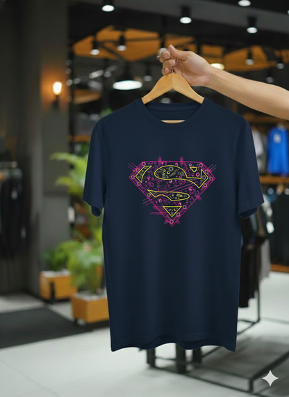 Superman Neon Tech Logo T-Shirt - Navy Blue
